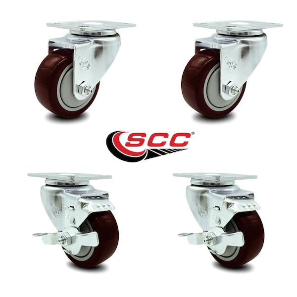 3.5 Inch Maroon Polyurethane Wheel Swivel Top Plate Caster Set With 2 Brakes SCC